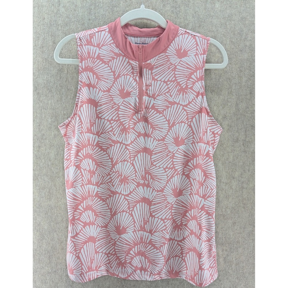 Tommy Bahama Golf Womens Sleeveless Pink White Fan Print 1/4 Zip Polo Shirt L G